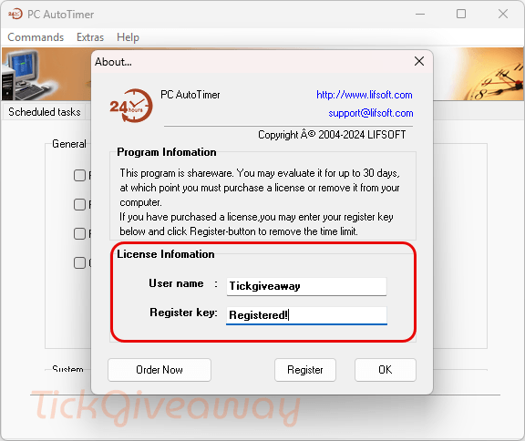 pc autotimer license info