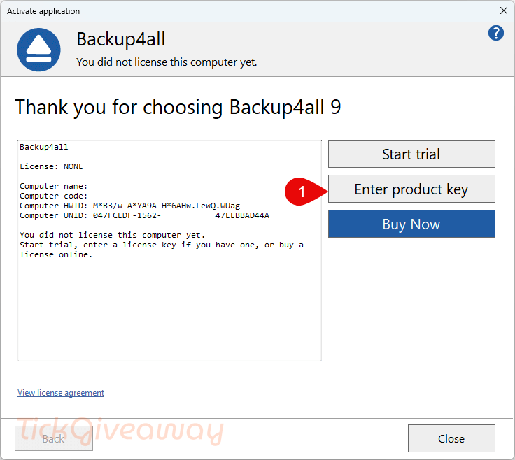 enter backup4all lite code