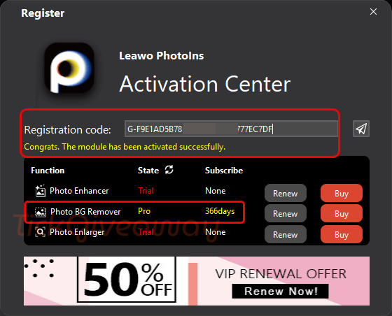 leawo photo bg remover activated successfully