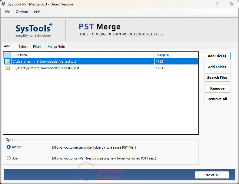 systools pst merge screenshot