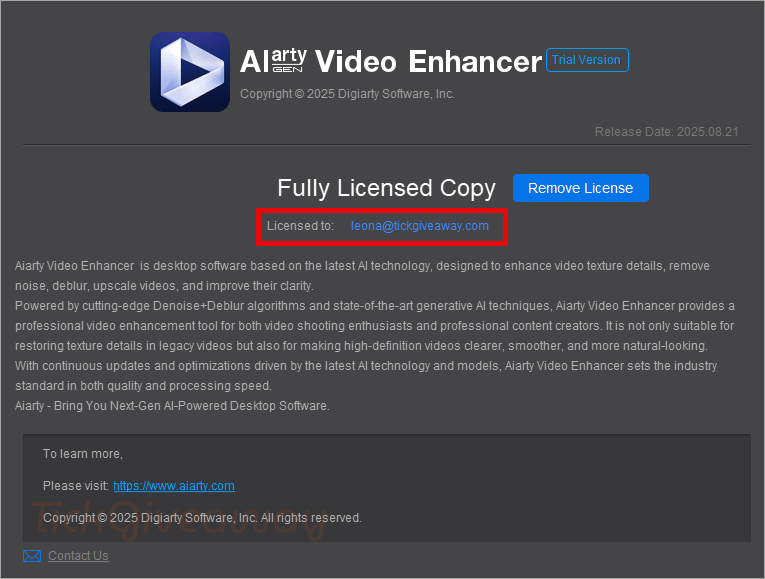 aiarty video enhancer registration successful