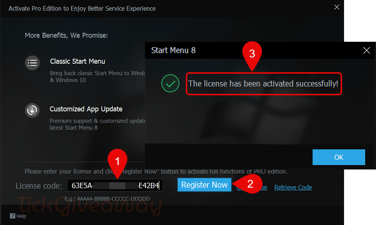 activate obit start menu 8 pro key