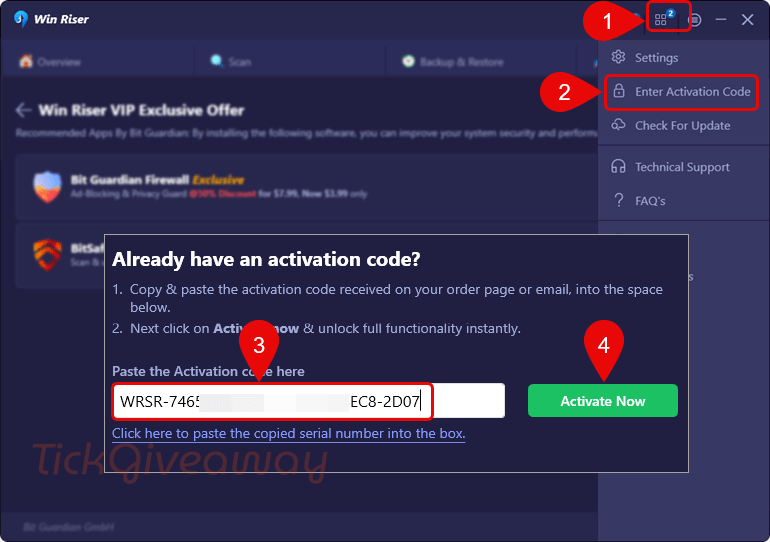 activate bit guardian win riser code