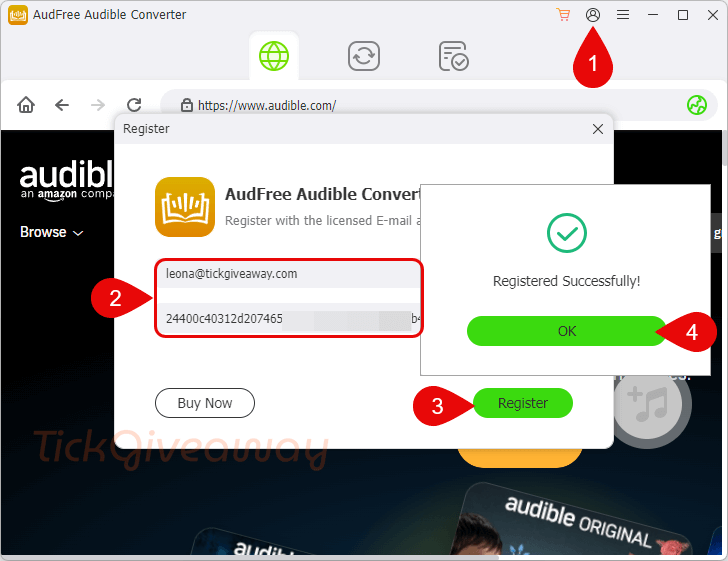 register audfree audible converter key