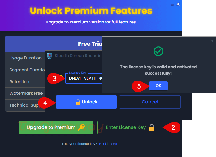 activate stealth screen recorder code