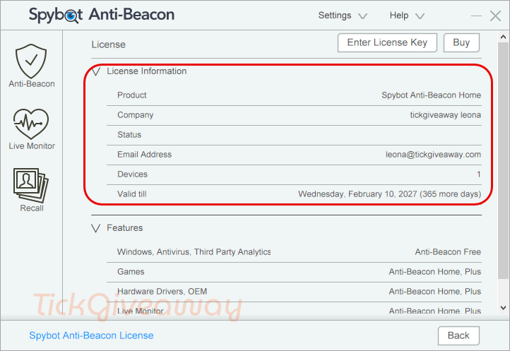 spybot anti beacon license infor