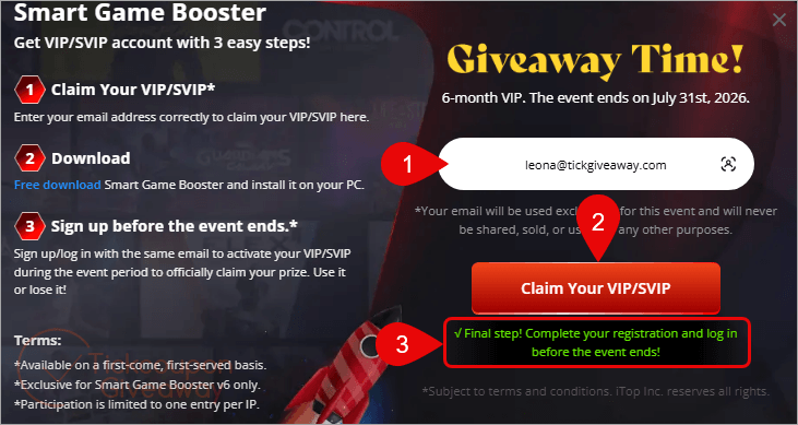 smart game booster vip giveaway page