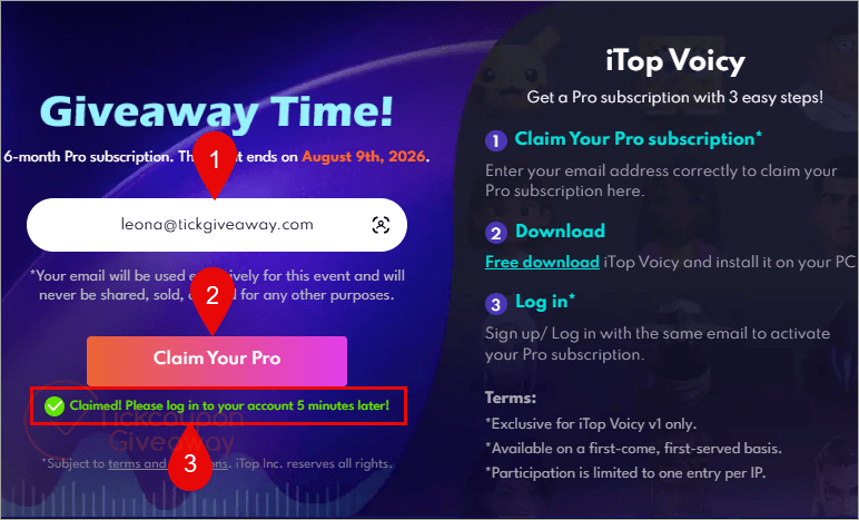 itop voicy pro giveaway page