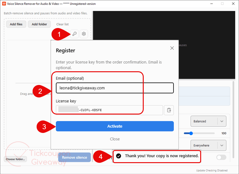 activate softorbits voice silence remover key